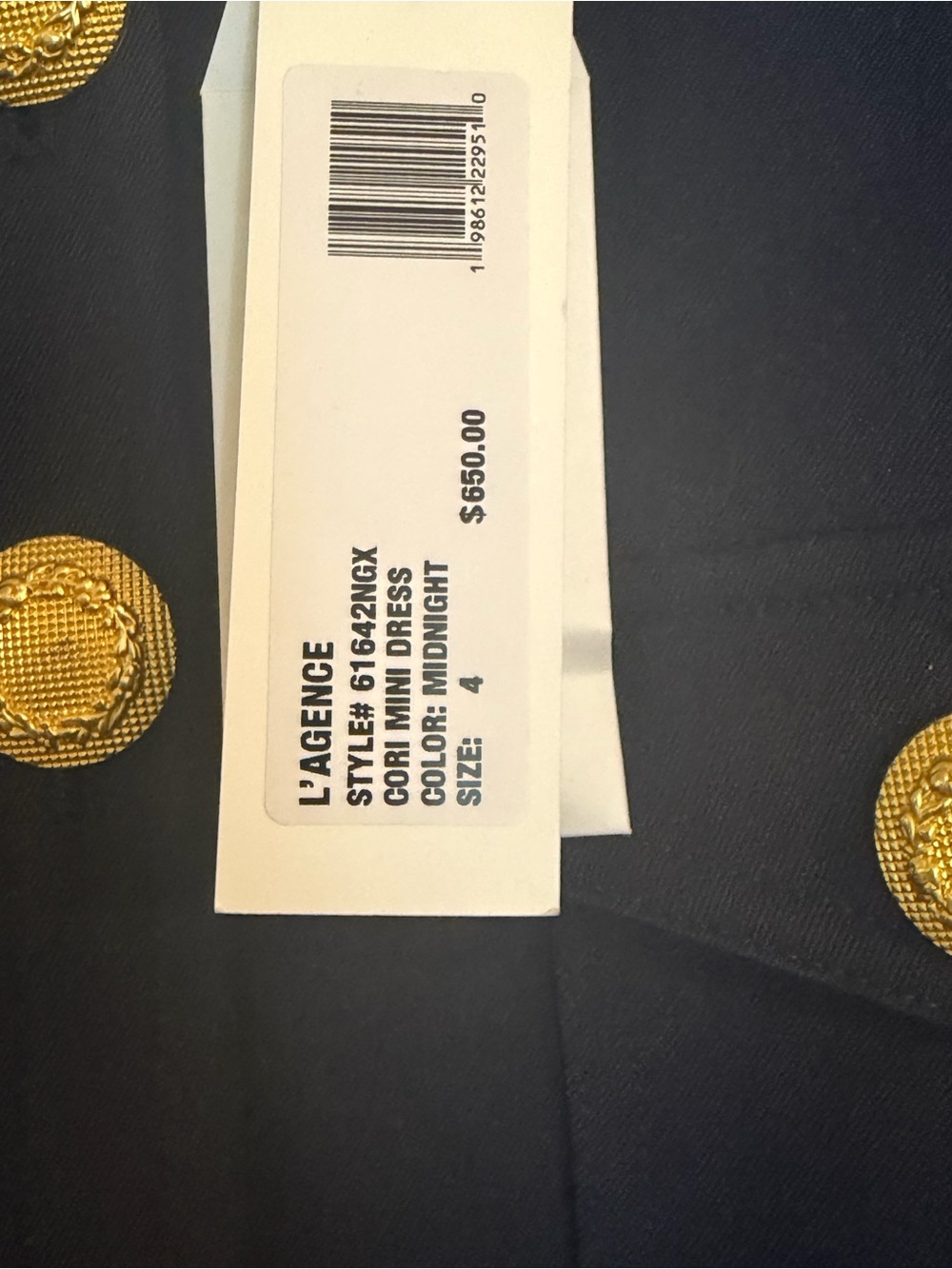 NEVER WORN L'AGENCE Navy Short-Sleeve Sheath Dress with Gold Buttons. Size 4. - Picture 2 of 5